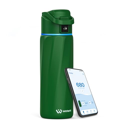 WaterH BOOST Smart Water Bottle Tracker with Reminder to Drink Water, 24oz | BPA-Free Double Wall Vacuum Insulated Stainless Steel, Leakproof, Smart App Tracking, Fits Cup Holders, Wide Mouth for School - color: Emerald Green, size: 24 Ounces