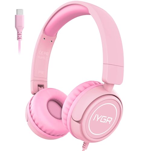 K6C Kids Headphones with USB-C, for Toddler & Kids Ages 2-12, 85dB Safe Volume Limited, Adjustable Headband & Foldable Wired, On-Ear Headphones for School, Travel, Tablet, iPad - color: Pink