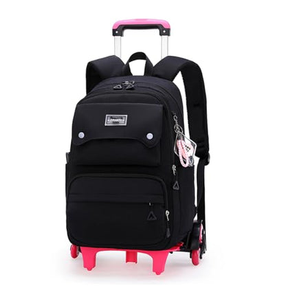 Solid Color Girls Rolling Backpack with Wheels Schoolbag Elementary School Student Trolley Daypack - color: A-black - Six Wheels, size: 6 Wheels