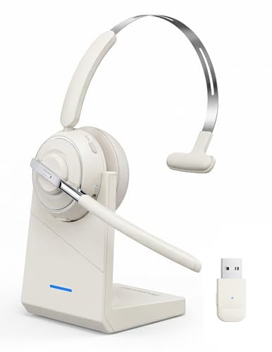 Bluetooth Headset, Wireless Headset with Mic for Work, Noise Cancelling Microphone, USB Dongle,Charging Stand, Mute Button for PC, Zoom, Teams, Office & Call Center, Cell Phones, Work from Home - color: White