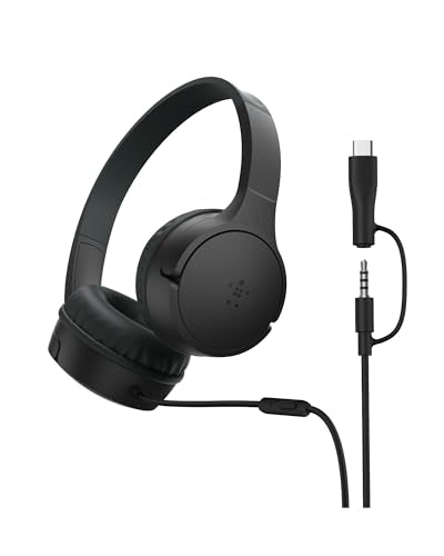 Belkin SoundForm Mini Kids Wired Headphones w/USB C to 3.5mm Dongle, Built-in Mic & Fun Stickers, 85dB Max Volume – for Online Learning, Travel, Compatible w/iPhone 16, iPad, Galaxy S25, etc - Black - color: Black, style: Wired (USB-C)