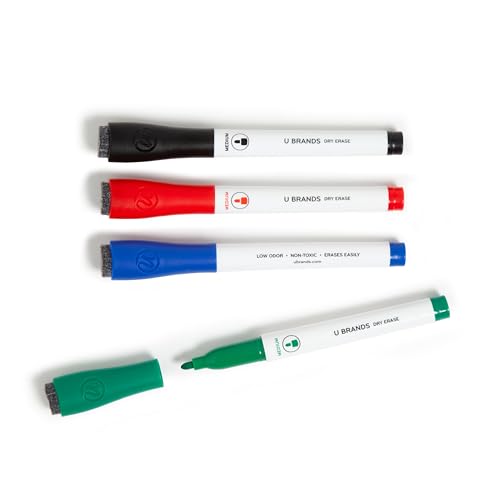 U Brands Fine Tip Dry Erase Markers with Eraser, Low Odor Whiteboard Markers Fine Tip, Assorted Colors, Set of 4 - style: Modern