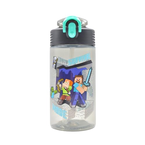 HOX Minecraft Reusable Drinks Bottle | BPA-free Plastic Lightweight Water Bottle with Carry Loop | Removable straw & spills Proof | Gift for Minecraft fan | Licensed Merchandise 600ML