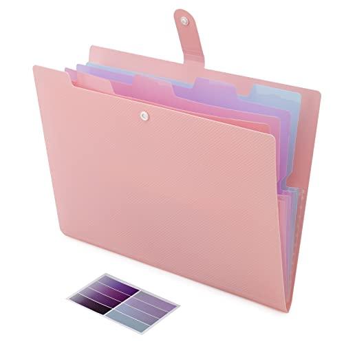 NAFY Colorful Expanding File Folder, 5 Pockets Folder with Colored Labels Portable Weave Pattern Accordion File Folder A4 Letter Size Project Organizer Document Folder for Office School (Pink) - color: Pink