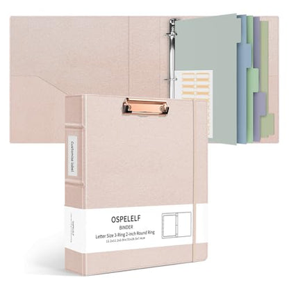 Ospelelf 3 Ring Binder with Clipboard 2 Inch Leather Binder for Letter Size (8.5" x 11"), Clipboard Binder with 5 Tab Dividers Back to School Supply, Rose Gold - color: Rose Gold, size: Letter Size - 2 Inch