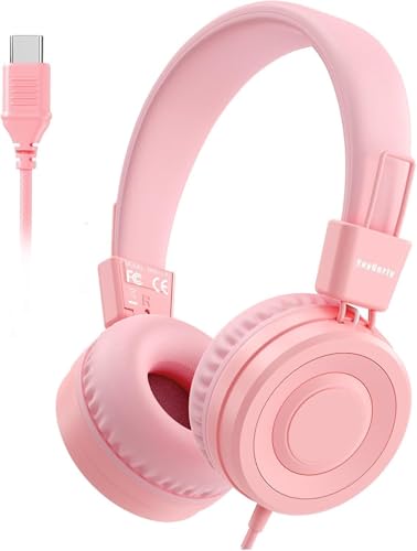 USB C Kids Headphones for School, Upgrade USB Type C Kid Headphone, 94 dB Volume Limiter Wired On-Ear Headset for Kids/Toddlers/Children/Teens/Boys/Girls-Light Pink - color: Light Pink
