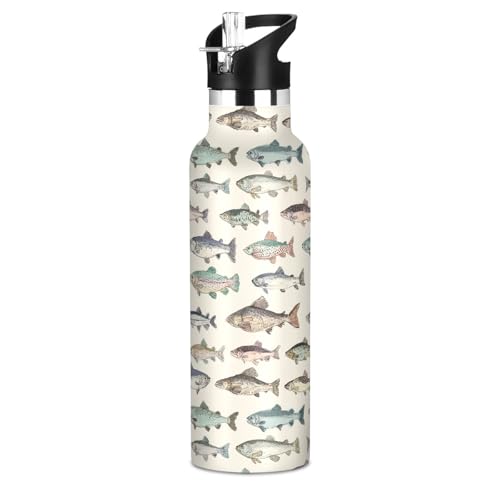 Sport Water Bottle 20 oz Vintage Fishes Kids Stainless Steel Vacuum Insulated Water Flask for Gym School - color: Multi05