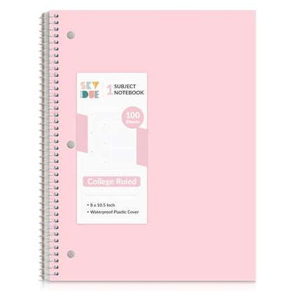 SKYDUE 8"x10.5" Spiral Notebook - College Ruled 100 Sheets, 1 Subject Notebook for School & Office, 3-Hole Punched Paper, Pink - color: Pink