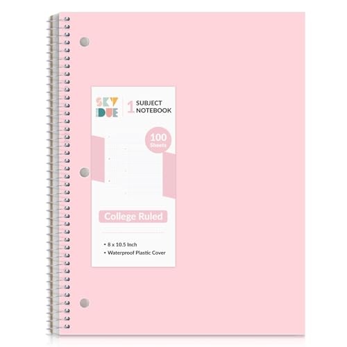 SKYDUE 8"x10.5" Spiral Notebook - College Ruled 100 Sheets, 1 Subject Notebook for School & Office, 3-Hole Punched Paper, Pink - color: Pink