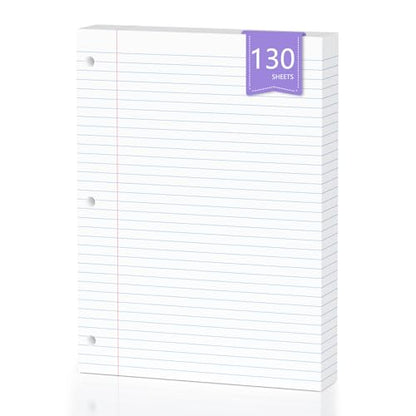 130 Sheets Loose Leaf Paper 8" x 10.5" Filler Paper College Ruled 3-Hole Punched Lined Paper Notebook Paper for 3-Ring Binders Notepad Writing Note Pads Ideal for Home, School, Office - color: White