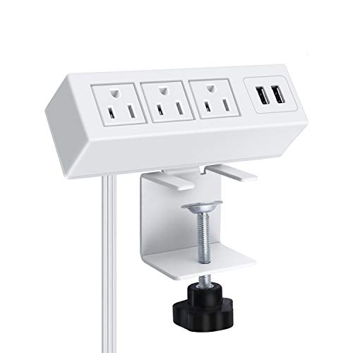 3 Outlet Desk Clamp Power Strip, Desktop Power Strip with USB Ports, Desk Mount USB Charging Power Station, on Desk Edge Power Outlet 125V 12A 1500W, 10 FT Desk Outlet Strip. (White) - color: White, size: 10FT