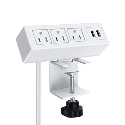 3 Outlet Desk Clamp Power Strip, Desktop Power Strip with USB Ports, Desk Mount USB Charging Power Station, on Desk Edge Power Outlet 125V 12A 1500W, 10 FT Desk Outlet Strip. (White) - color: White, size: 10FT