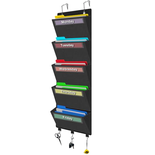 Weekly Over the Door File Organizer, Hanging File Folders Wall Organizer with 5 Large Pockets for Papers, Charts, Mails, Magazine, Office and Back To School Supplies Storage and Organization (Black) - color: Black with Weekday