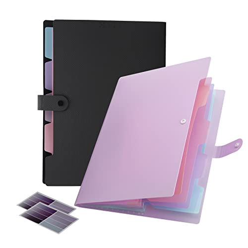 NAFY Colorful Expanding File Folder, 5 Pockets Folder with Colored Labels Portable Weave Pattern Accordion File Folder A4 Letter Size Project Organizer Document Folder for office school (Black+Purple) - color: Black+purple