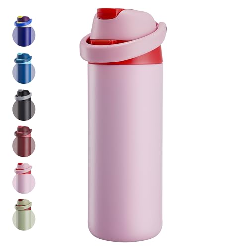 Fijinhom 18 oz Insulated Water Bottle, Stainless Steel Water Bottle with 2-in-1 Straw and Push-Button Spout Lid, Keeps 24 Hours Cold, Double Wall Vacuum Leak-Proof & BPA-Free for Sports, Travel, Pink - color: Pink, size: 18 Ounces