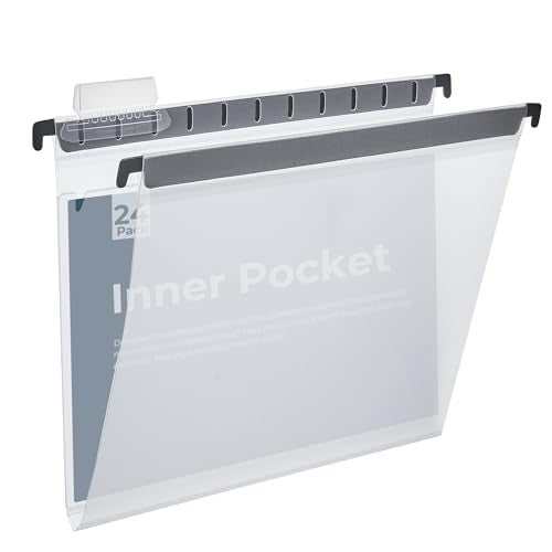 Y YOMA Plastic Hanging File Folders with Pocket, Letter Size, 1” Expansion 24 Pack Clear Reinforced Hanging Folders with Tabs, Waterproof for Filing Cabinet Bulky Files Home Office - size: Letter Size - 24 Pack