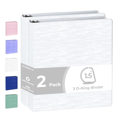 POPRUN 3 Ring Binder 1.5 Inch, D Ring PVC-Free (Fit 375 Sheets 8.5"x11" Paper), 2 Pack Heavy-Duty with 2 Pockets for Study Work Partner Supplies, 2 Pack, White - color: White, size: 1.5 inch