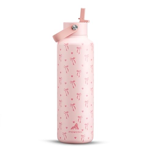 POWCAN 24 oz Insulated Water Bottle: Leakproof, Cup Holder Friendly, Cold for 24H, BPA-free, Top Handle, Double Walled Metal Water Bottle for Student, Girl, School, Camping, Daily (Sweetheart Bow) - color: Sweetheart Bow, size: 24 Ounces
