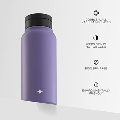 JoyJolt Triple Insulated Water Bottle with Straw Lid AND Flip Lid! 32oz Large Water Bottle, 12 Hour Hot/Cold Vacuum Insulated Stainless Steel Bottle. BPA-Free Leakproof Water Bottles - Thermos Bottle - color: Lilac Purple, size: 32 Ounces