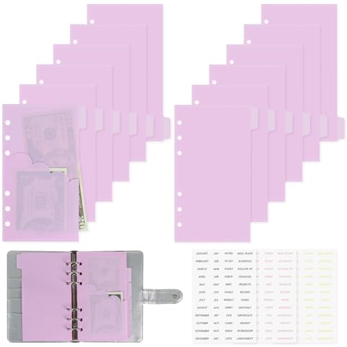 12-Pack A6 Binder Pockets with Index Tabs Sticker, Zipless 2 Layer Cash Envelopes for 6-Ring Binder, Money Folder Organizer for Budgeting Planner Inserts Supplies Accessories (Purplish Pink) - color: Purplish Pink
