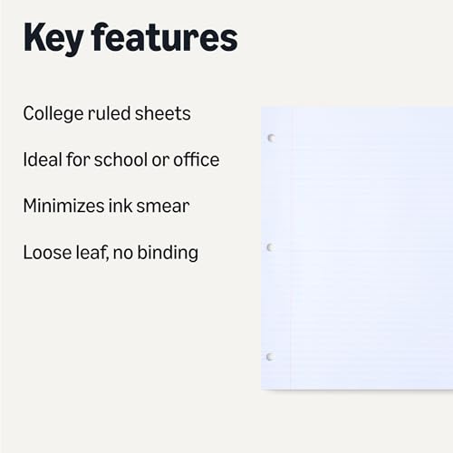 Amazon Basics College Ruled Loose Leaf Binder Paper, 11" x 8.5", 100 Sheets, White, 6-Pack