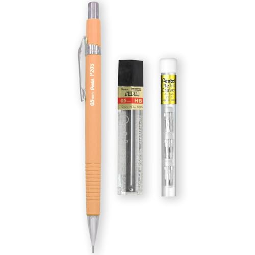 Pentel P205-97C Mechanical Automatic Pencil - Pastel Floral Range - Single + 12 Hi-Polymer HB 0.5mm Refill Leads + Z2-1N Eraser Refills Tube of 4 (Pastel Orange) - color: Pastel Orange