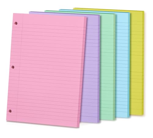 5pcs Colored Loose Leaf Paper 8" x 10.5" College Ruled Notebook Paper Filler Office Sheets Bulk 3 Hole Punched Wide Ruled for 3 Ring Binder, Notebook Paper, Back to School Supplies Papers 250 Sheets - color: 5 Pack Multicolor-1