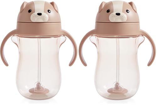 Munchkin Any Angle Spill Proof Weighted Straw Trainer Cup, Transition Sippy Cups for Toddlers and Babies, Click Lock Technology & Fun Dog Design, 10 Ounce, Brown (Pack of 2) - size: 10 Ounces (Pack of 2)