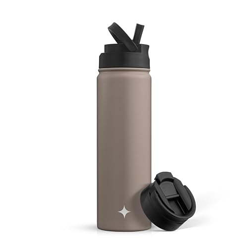JoyJolt Triple Insulated Water Bottle with Straw Lid AND Flip Lid! 22oz Water Bottle, 12 Hour Hot/Cold Vacuum Insulated Stainless Steel Water Bottle. BPA-Free Leakproof Water Bottles - Thermos Bottle - color: Desert Taupe, size: 22 Ounces