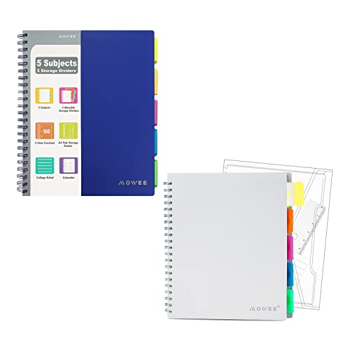 5 Subject Notebook - Spiral Notebook, College Ruled Notebook With Dividers Pocket, Tabs, 11" Ruler, 200 Pages, for Writing Journal, Home & Office, School Supplies, 8.5''x11'' Lily White Blue