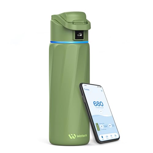 WaterH BOOST Smart Water Bottle Tracker with Reminder to Drink Water, 24oz | BPA-Free Double Wall Vacuum Insulated Stainless Steel, Leakproof, Smart App Tracking, Fits Cup Holders, Wide Mouth for School - color: Green, size: 24 Ounces