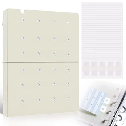 Refillable A5 Binder 6 Ring Cover for Planner Journal Budget Notebook Making with 300 PCS Binder Sheet Converter Sticker, Loose Leaf Cover with 20mm Inner Diameter Ring (Perforated-Beige)