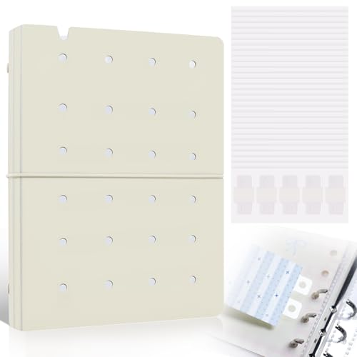 Refillable A5 Binder 6 Ring Cover for Planner Journal Budget Notebook Making with 300 PCS Binder Sheet Converter Sticker, Loose Leaf Cover with 20mm Inner Diameter Ring (Perforated-Beige)