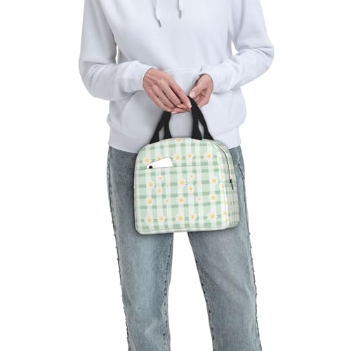 Lunch Bag Daisy Pastel Green Check Plaid Insulated Lunch Box Reusable Cooler Tote for Adults Student Girl Boy Work Office School Picnic Over 3 Years Old - color: B0383