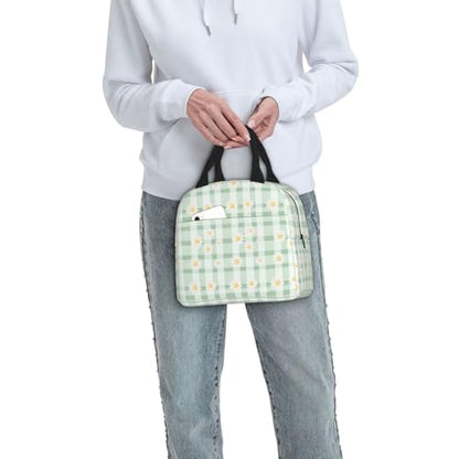 Lunch Bag Daisy Pastel Green Check Plaid Insulated Lunch Box Reusable Cooler Tote for Adults Student Girl Boy Work Office School Picnic Over 3 Years Old - color: B0383