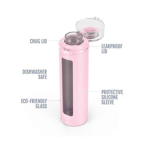Ello Syndicate 20oz Reusable Glass Water Bottle with One-Touch Leak Proof Flip Lid, Protective Non-Slip Silicone Sleeve, Carry Loop for Coffee, Tea and Water, BPA-free, Dishwasher Safe, Cashmere Pink - color: Cashmere Pink