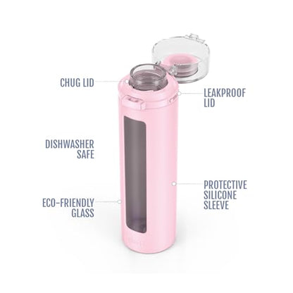 Ello Syndicate 20oz Reusable Glass Water Bottle with One-Touch Leak Proof Flip Lid, Protective Non-Slip Silicone Sleeve, Carry Loop for Coffee, Tea and Water, BPA-free, Dishwasher Safe, Cashmere Pink - color: Cashmere Pink