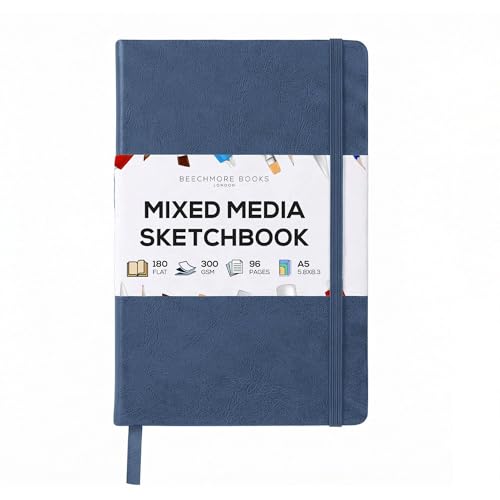 Beechmore Books 300 GSM Heavyweight Mixed Media Sketchbook A5 5.8"x8.3" - 96 Pages, Vegan Leather Hardcover Professional Art Journal for Paintings, Gouache and Ink - color: Symphony Blue, size: A5 - 5" x 8" Medium