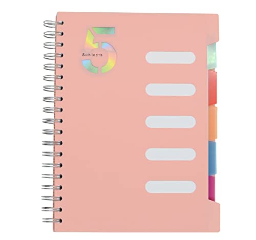 5 Subject Notebook, 1 Pcs Pink 10 Inch x 7 Inch B5 Spiral Notebook With Waterproof Plastic Softcover, 300 Pages 80 Gsm College Ruled Papers With 5 Sheets Colorful Movable Dividers (Pink) - color: Pink