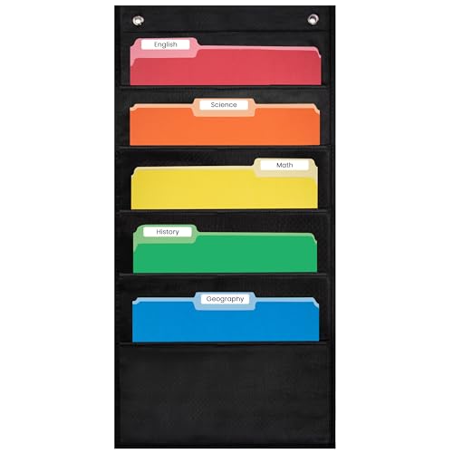 Essex Wares - 5 Pocket File Pocket Chart, Black, 14" Wide x 24" Tall - Versatile Wall Hanging File Folder Organizer for Classroom, Office, Home, and More - Wall Folder Organizer - 5 Pockets - size: 5 Pocket