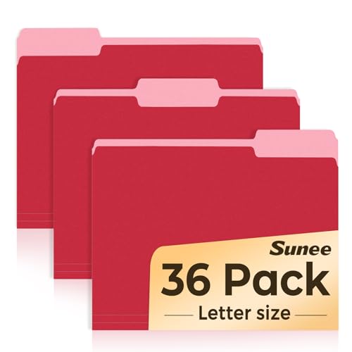 SUNEE File Folders, 36 Pack Manilla Folders 8.5 x 11, Colored File Folders Home Office School Supplies for Documents Files Paper, Red Colors - color: Red