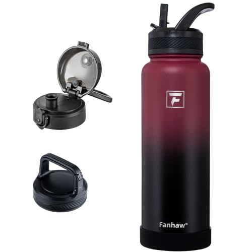Fanhaw 40 oz Insulated Water Bottle – Stainless Steel Flask with 3 Lids (Straw, Chug, Carabiner) | Durable, Leakproof, for Hiking, Camping, Outdoor Adventures & Travel (Red Black) - color: Red Black, size: 40 Ounces