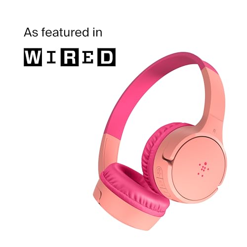 Belkin SoundForm Mini Kids Wired Headphones with Built-in Microphone & Fun Stickers, 85dB Safe Volume Limit – for Online Learning, Travel, Compatible w/iPhone 15, iPad, Galaxy S23, & More - Pink - color: Pink, style: Wired