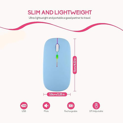 LED Wireless Mouse, Slim Silent Dual-Mode 2.4G+BT Rechargable 7-Color Portable Mobile Optical Office Mouse with USB Receiver, 3 Adjustable DPI Levels for Notebook, PC, Computer, MacBook (Blue) - color: Blue