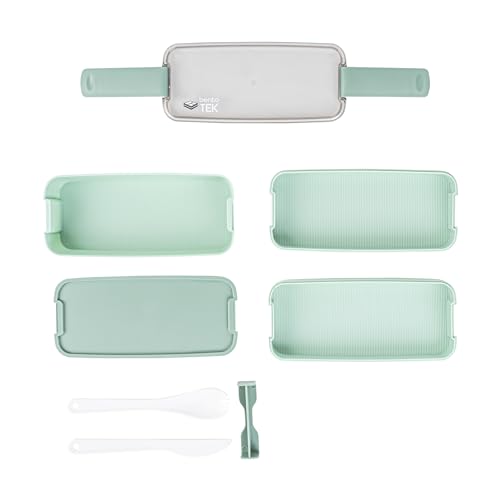 Bento Tek 30 Ounce Bento Box, 1 Stackable 3 Compartment Lunch Container - With Fork And Knife, Does Not Contain BPA, Green Plastic Reusable Lunch Box, Microwavable, Dishwashable - Restaurantware - size: 1 Count, style: 30 oz - Green