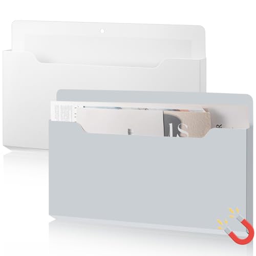 Feifeiya 2 Pcs Magnetic File Folder Wall Hanging Holder Large Pocket Paper Magazine Mail Organizer for Refrigerator Classroom Locker Whiteboard(Horizontal,White Grey,13.8 x 8.3 Inches) - color: White Grey, size: 13.8 x 8.3 Inches, style: Horizontal