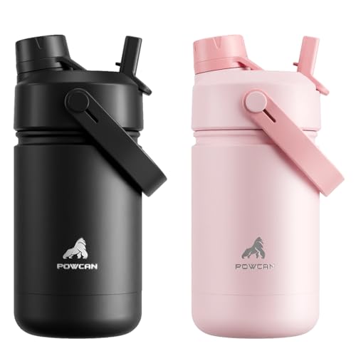 POWCAN 2 Pack 12 oz Kids Insulated Water Bottle for School: Leakproof, 2-in-1 Straw Spout Lid, BPA-Free, Keep Cold 24 Hrs, Stainless Steel Cup for Sports, Travel, Gift for Girls Boys Daughters Sons - color: Dark Knight & Cotton Candy, size: 12 oz (Pack of