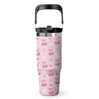 Pink Cherry Tumbler 30oz with Handle - Stainless Steel Insulated Cup, Leakproof Water Bottle with Cherry Design for Women & Girls, Perfect Birthday Christmas Gift - color: Pink cherry, size: 30 Ounces