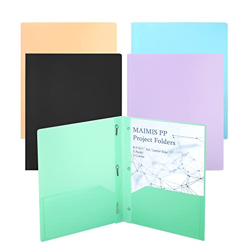 Plastic File Folders with Pockets - (5 Pack, Assorted Colors) Heavy Duty 3 Hole Two Pocket Folder with Pockets 3 Prong Folders A4 Letter Size Colored Plastic Folders for School Office Home - color: B