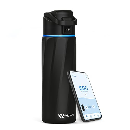WaterH BOOST Smart Water Bottle Tracker with Reminder to Drink Water, 24oz | BPA-Free Double Wall Vacuum Insulated Stainless Steel, Leakproof, Smart App Tracking, Fits Cup Holders, Wide Mouth for School - color: Black, size: 24 Ounces